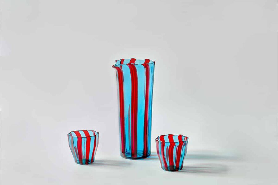 campbell-rey and &YOU striped murano carafe and glass tumblers set of 2 in blue and red