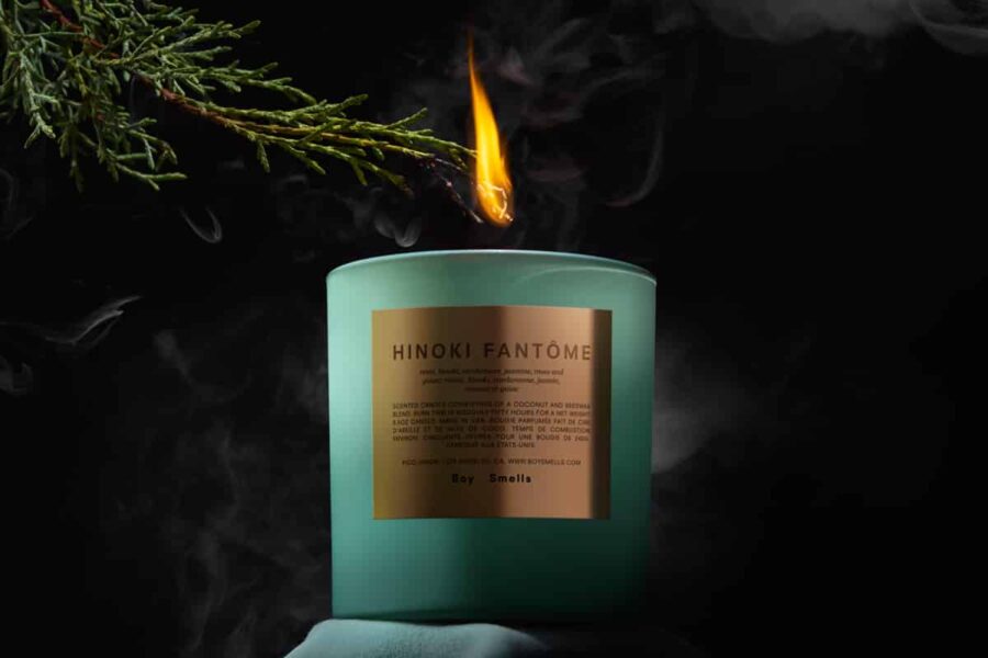 boy smells holiday rituals hinoki fantome green scented candle