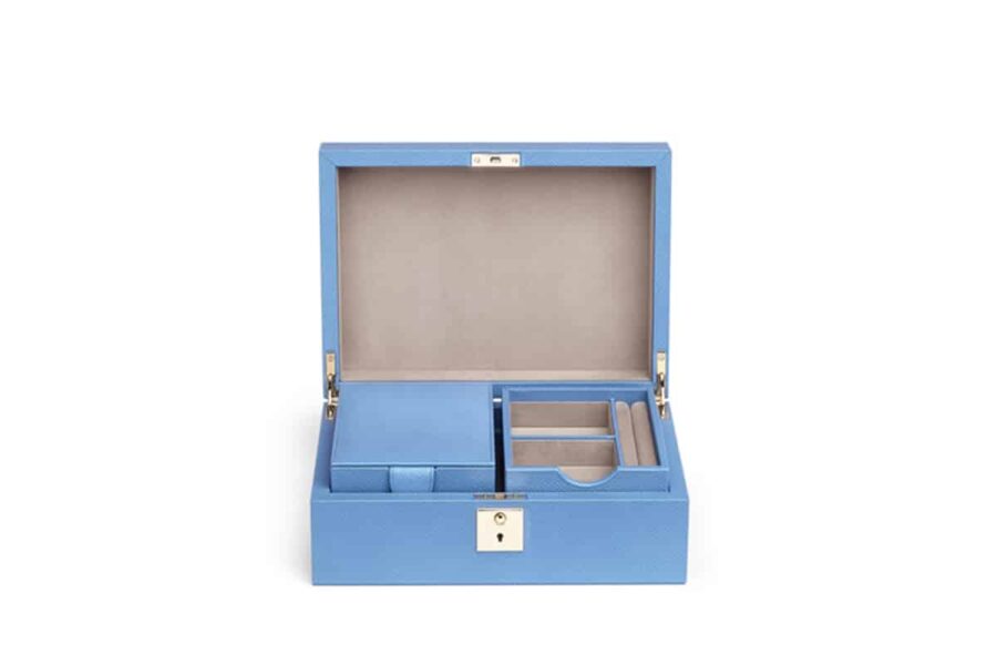 smythson travel jewellery box in blue with multiple compartments