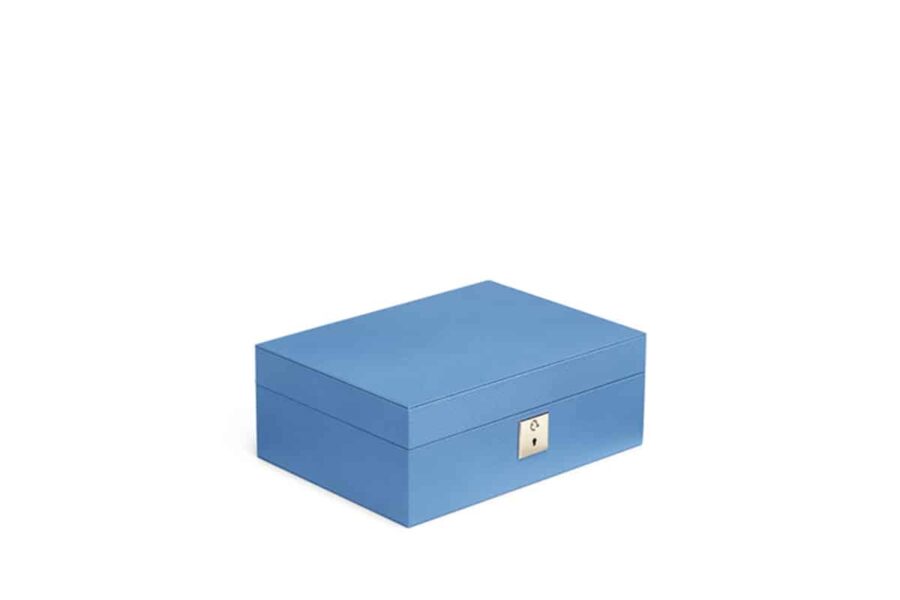 smythson travel jewellery box in blue with multiple compartments